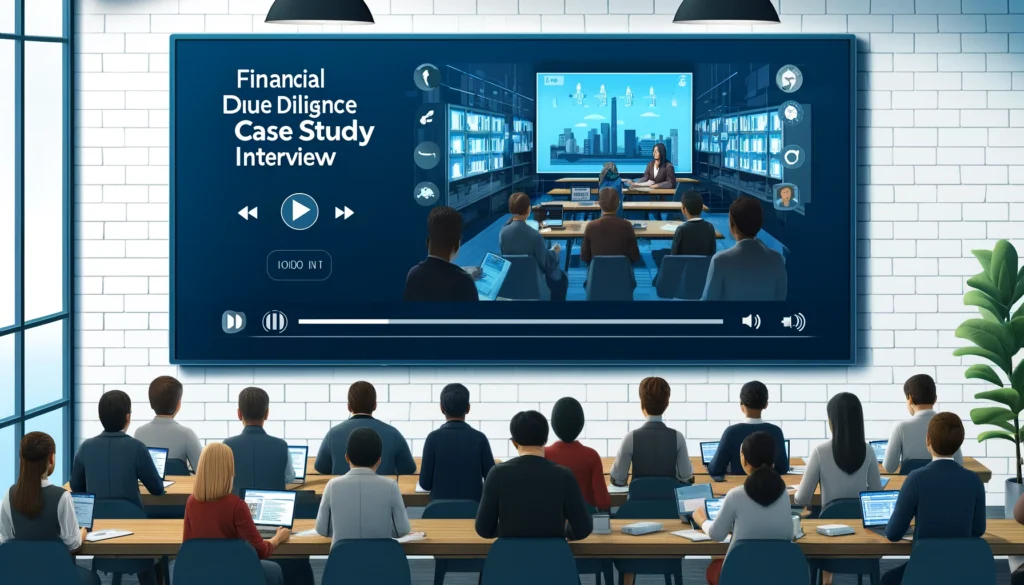 Digital classroom with diverse students watching 'Financial Due Diligence Case Study Interview' on a large screen, set in a professional blue and grey color scheme.