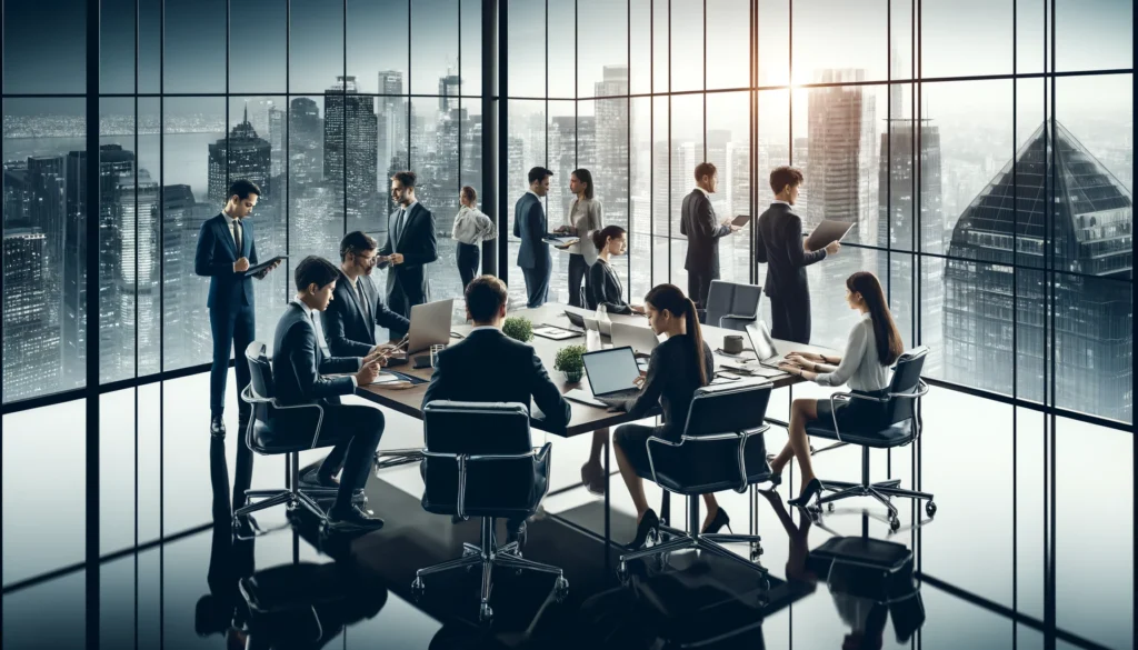 A bustling CA firm scene with professionals, possibly within a Big 4 company, actively engaged in their articleship. Men and women in business attire are seen working at desks, discussing documents, and moving about in a spacious, modern office with large glass windows offering a panoramic view of a city skyline. The setting is professional and energetic, with everyone focused on their tasks amidst sleek office furniture, embodying the dynamic nature of a major accounting firm.