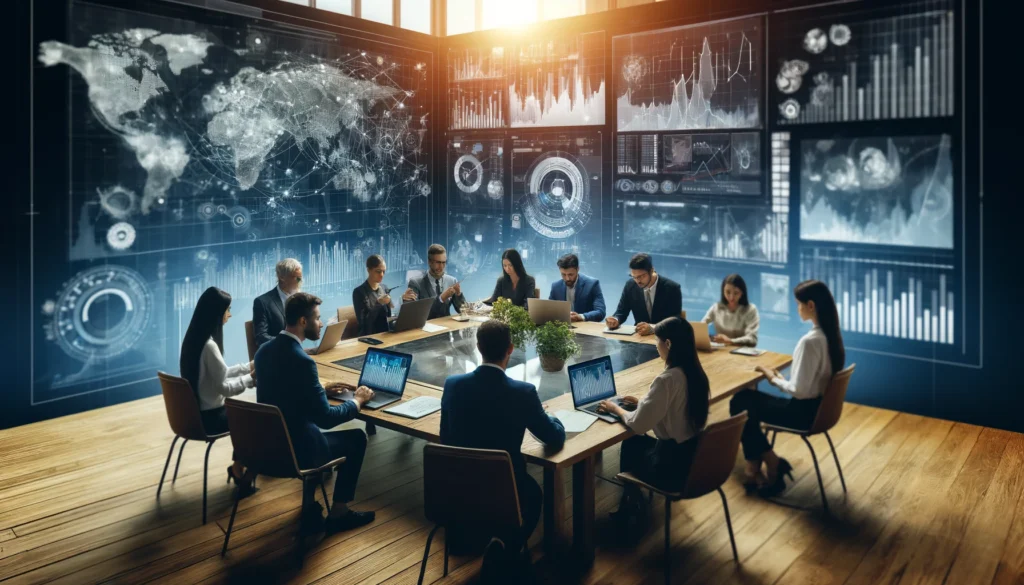 A modern office environment with a diverse team of professionals engaged in financial planning and analysis, sitting around a large conference table, examining financial data on laptops and tablets, with digital displays of complex financial graphs in the background