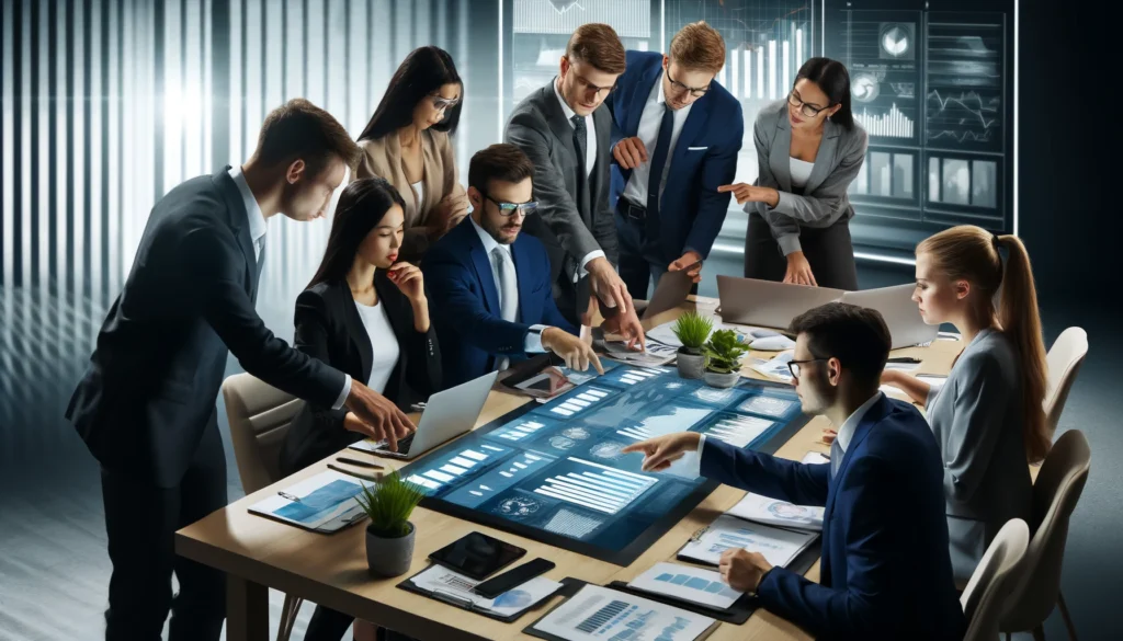 A team of financial planning analysts collaborates in a strategic meeting, engaging in discussions over financial data and projections. This image captures the essence of teamwork and analytical expertise in financial planning.