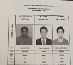 CA Foundation AIR First, Second and Third – (Left to Right) L Rajalakshmi, Prem Agarwal, Neel Rajesh Shah