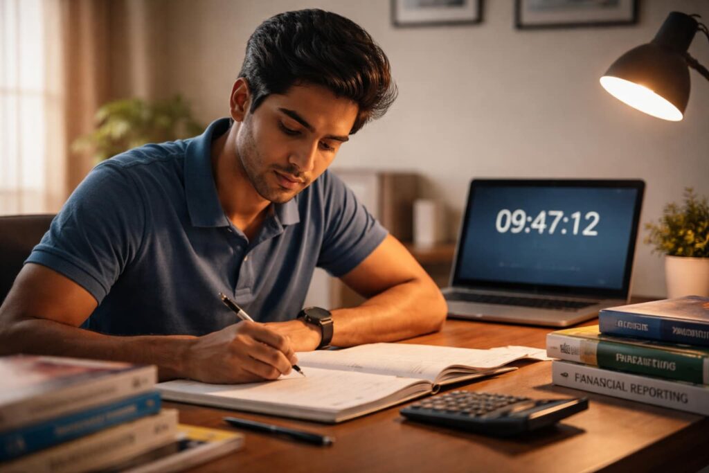 CA student preparing for Jan 2026 exams with books and calculator.