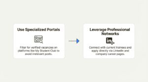 A 2-step workflow showing how to find opportunities for industrial training for CA students using job portals and LinkedIn.