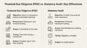 A side-by-side comparison of Financial Due Diligence and Statutory Audit, highlighting differences in objectives, scope, and output.