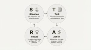A workflow diagram explaining the STAR method—Situation, Task, Action, Result—a crucial tool for Big 4 interview preparation