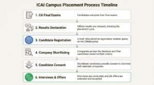 A workflow diagram showing the 6 stages of the ICAI Campus Placement 2026, from exams to interviews.