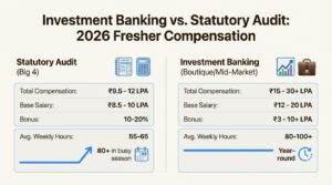 An infographic comparing the 2026 salary and hours for Investment Banking vs Statutory Audit for CA freshers