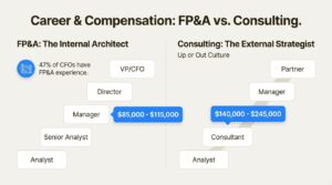 An infographic comparing the career progression and salary in FP&A vs Consulting