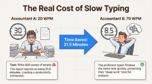An infographic comparing two accountants' typing speed, showing that a 70 WPM typist saves 21.5 minutes over a 20 WPM typist on a 600-word task