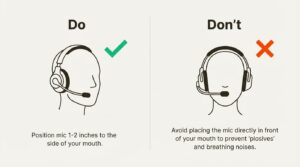 An infographic demonstrating correct and incorrect microphone placement