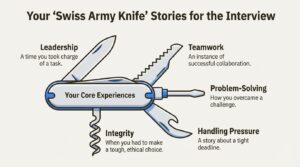 An infographic explaining how to prepare adaptable 'Swiss Army Knife' stories for your Big 4 interview preparation
