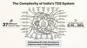 An infographic showing the complexity of the current TDS system, which is a key focus for the Union Budget 2026 expectations.