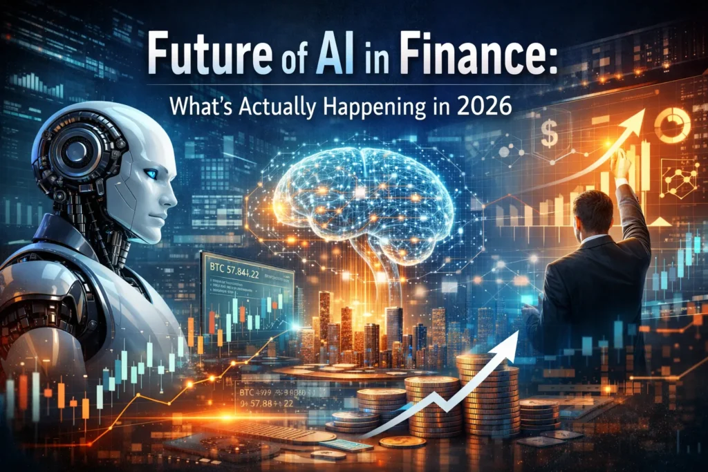 Futuristic illustration showing artificial intelligence transforming the finance industry in 2026, with AI brain networks, financial charts, digital data, and a professional analyzing market growth.