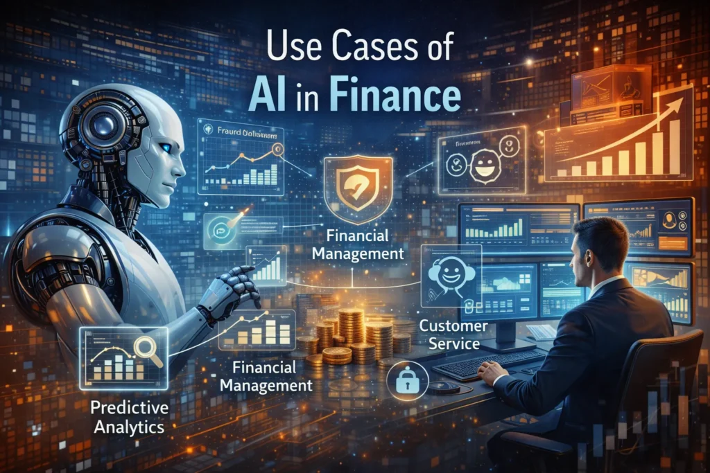 Abstract illustration of AI in finance featuring glowing digital nodes, financial charts, coins, and icons representing analytics, predictive modeling, and automation, set on a clean gradient background.