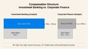 A bar chart comparing the high-risk, high-reward compensation structure of investment banking against the stable, predictable structure in corporate finance.