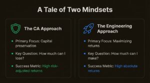 A visual guide comparing the risk-averse mindset of a CA with the returns-focused mindset of an engineer in trading