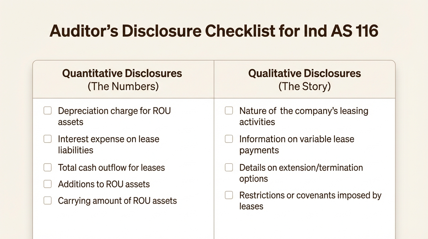 An auditor's checklist infographic detailing the quantitative and qualitative disclosure requirements for lessees under Ind AS 116, a key topic for Ind AS 116 interview questions.