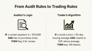 An infographic comparing the rule-based logic of an auditor to a quantitative trader