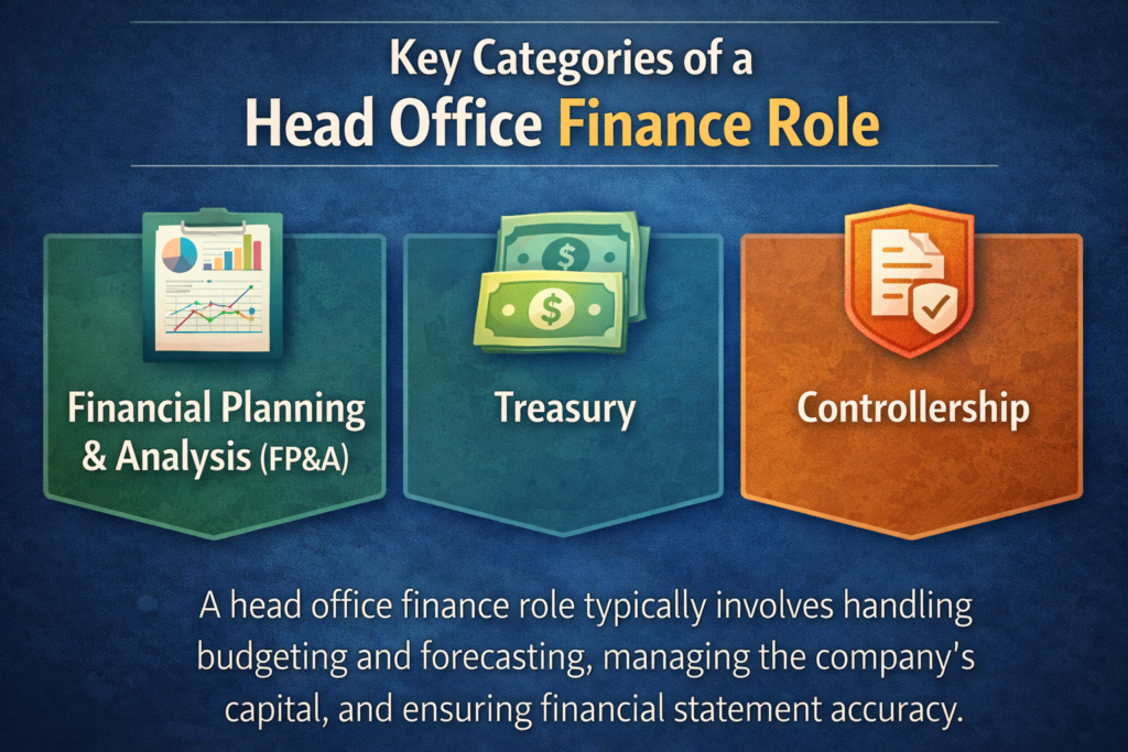 An infographic detailing the three main categories of a head office finance role, a key aspect of the Head Office vs Plant Finance comparison.