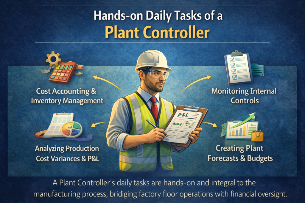 An infographic showing the hands-on daily tasks of a plant controller, an important part of the Head Office vs Plant Finance decision.