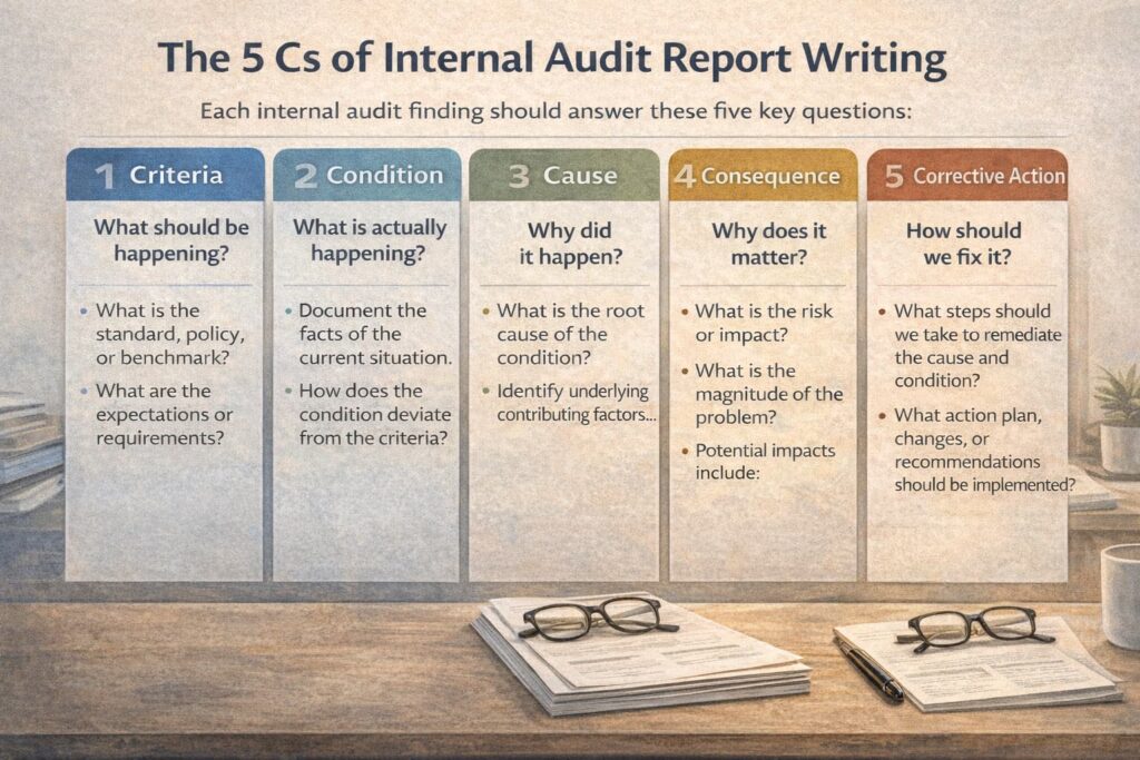 An infographic explaining the 5 Cs of internal audit report writing criteria, condition, cause, consequence, and corrective action.