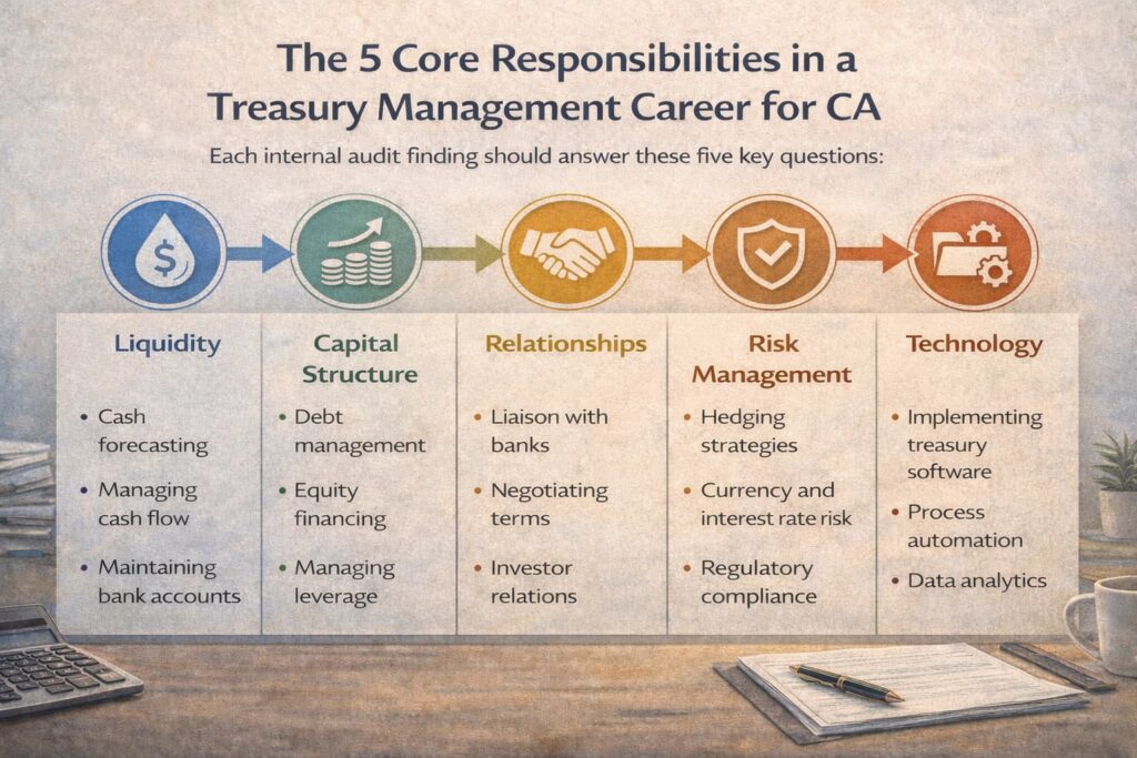 An infographic showing the five core responsibilities in a treasury management career path for CA.