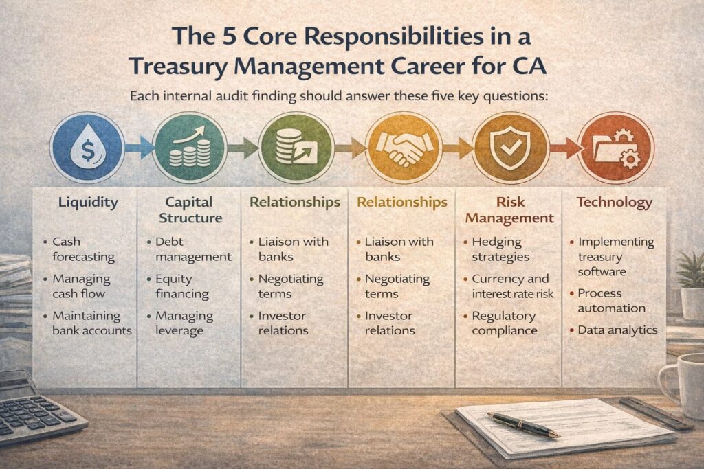 An infographic showing the five core responsibilities in a treasury management career path for CA liquidity, capital structure, relationships, risk management, and technology.